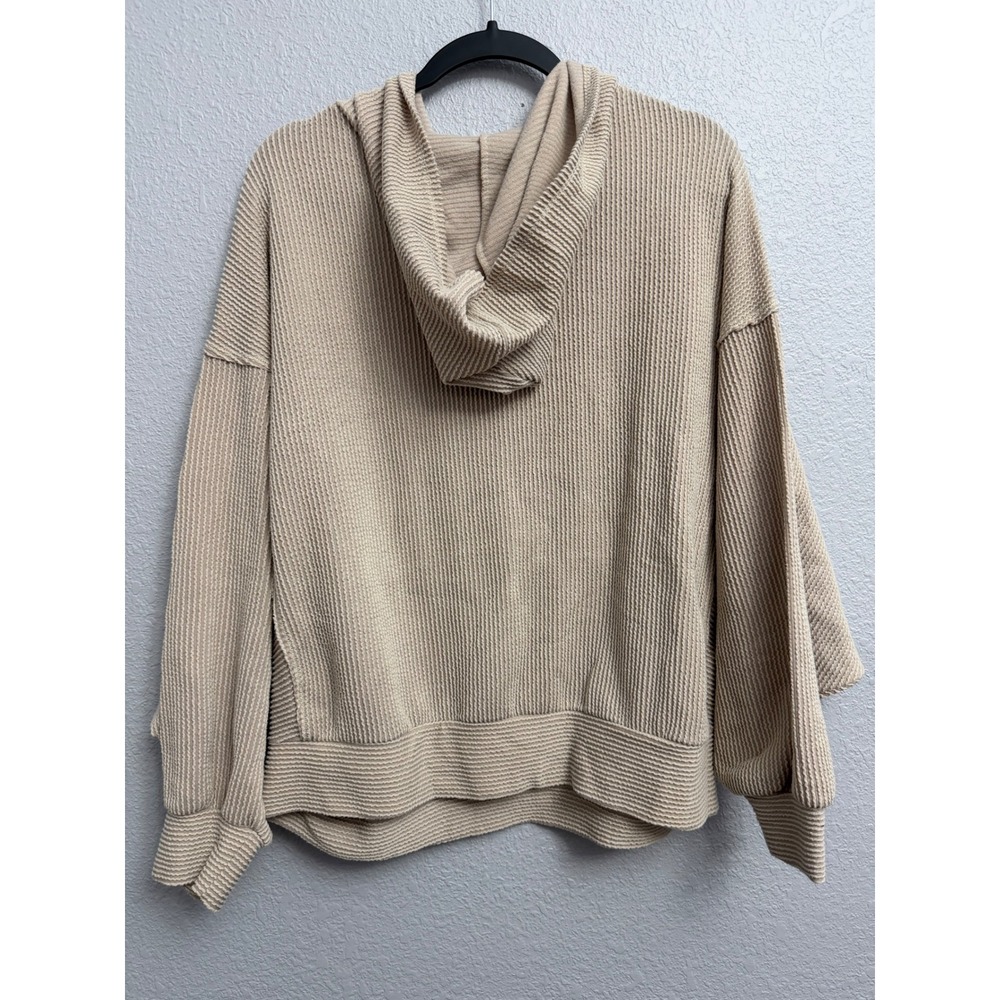 Pink Lily Tan Beige Waffle Knit Batwing Sleeve Hoodie Sweatshirt Large - Picture 7 of 7